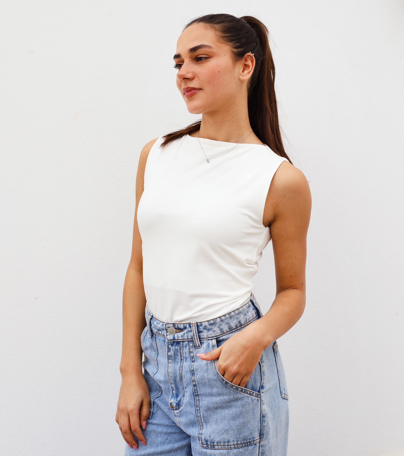 White Elastic Sleeveless Top