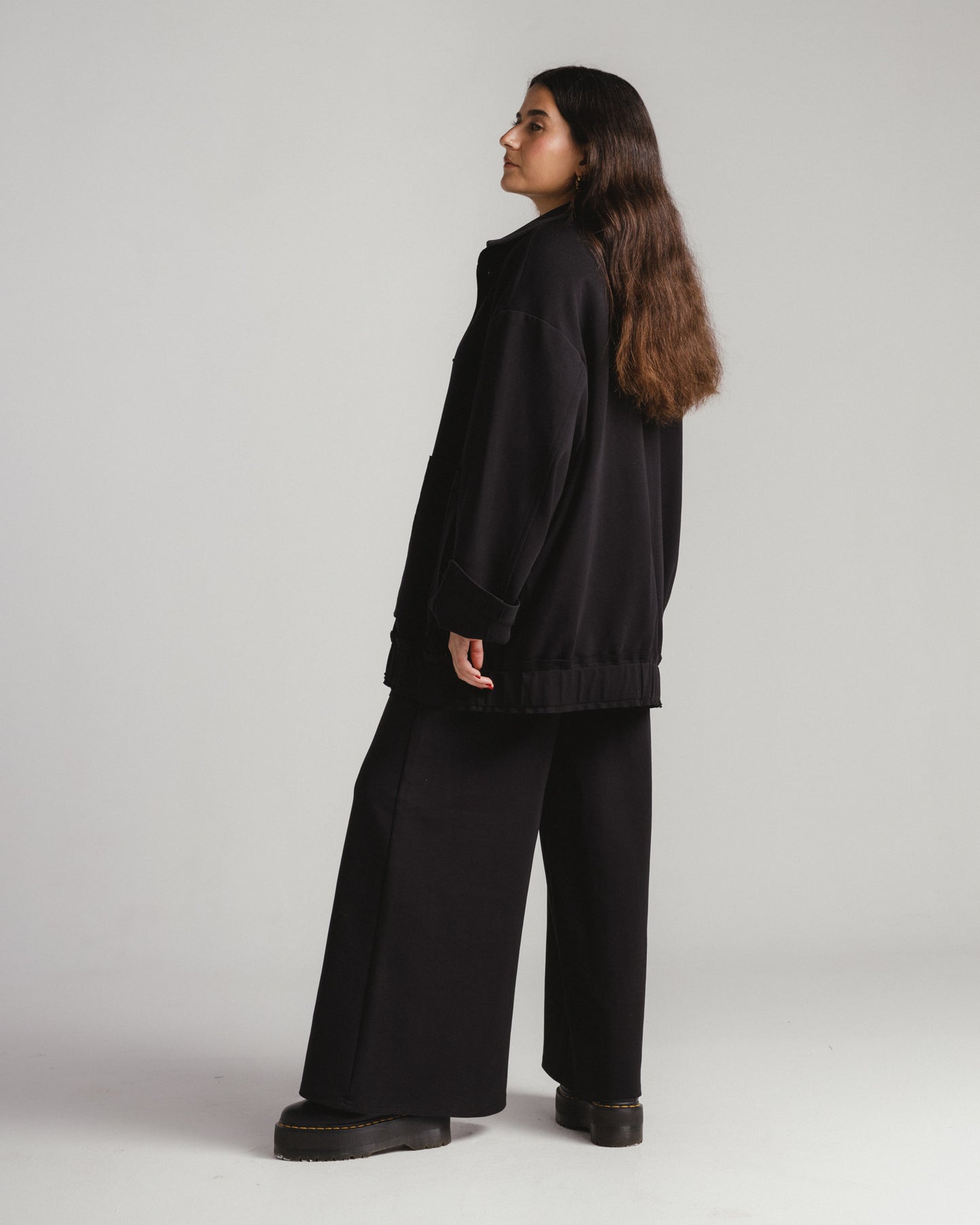 Modal set with oversize jacket with buttons and wide leg pants in black