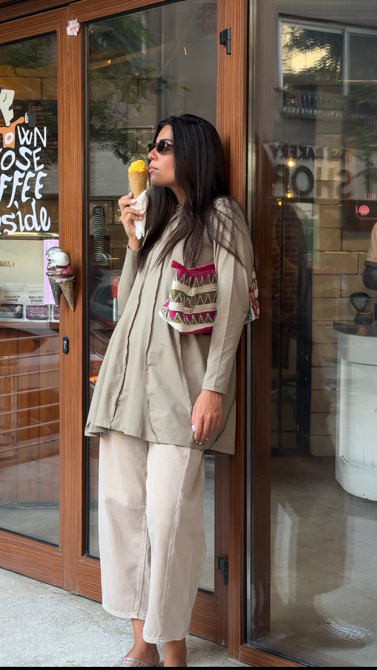 Striped long top in green beige