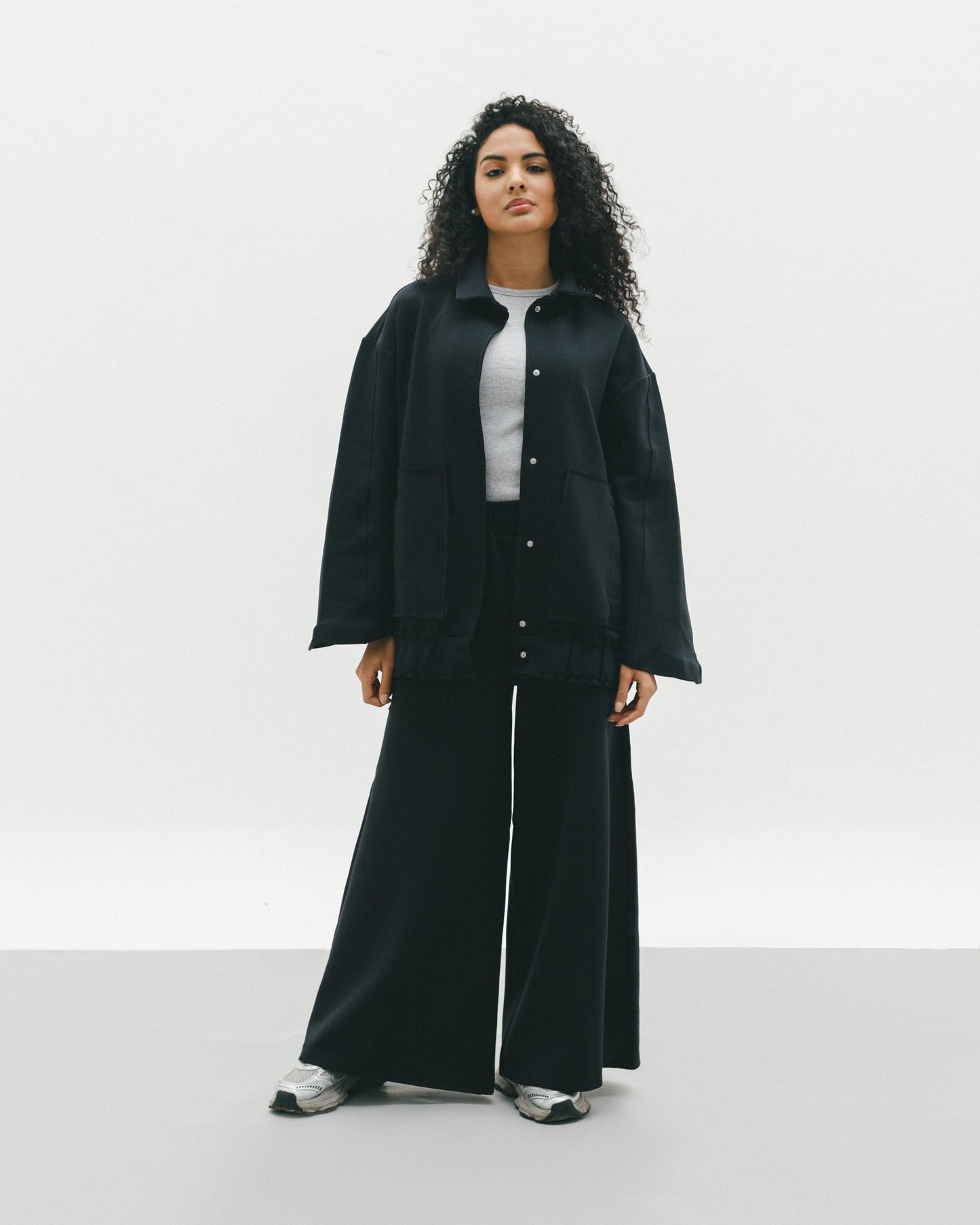 Modal set with oversize jacket with buttons and wide leg pants in black