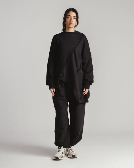 Asymmetrical sweatshirt and jogger set in black