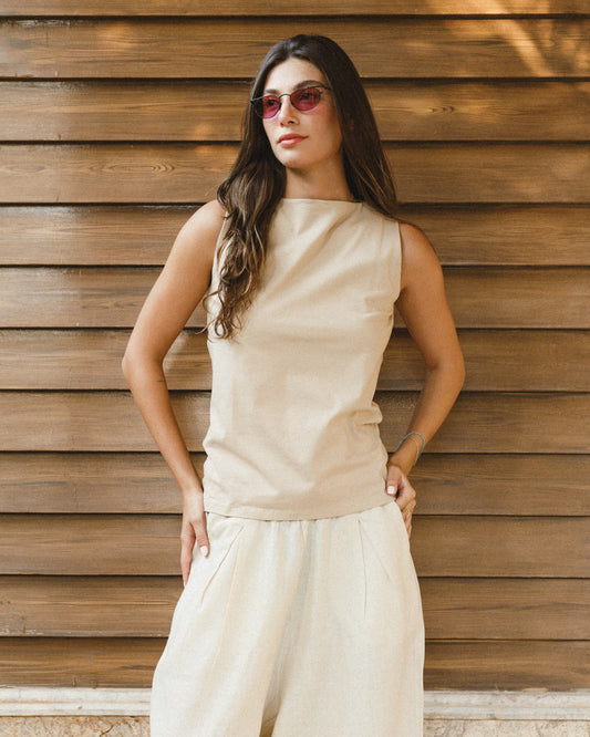 Beige elastic sleeveless top