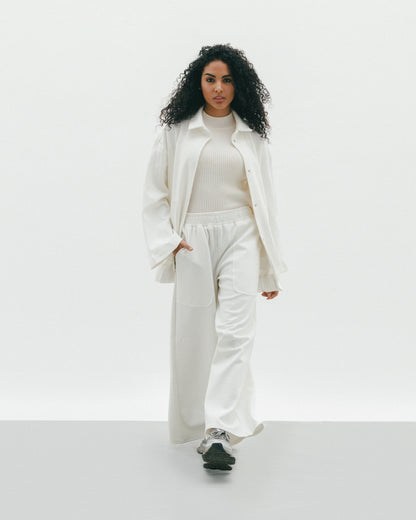 Modal set with oversize jacket with buttons and wide leg pants in white