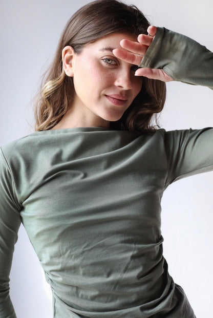 Sleek thumbhole sleeve top in olive green