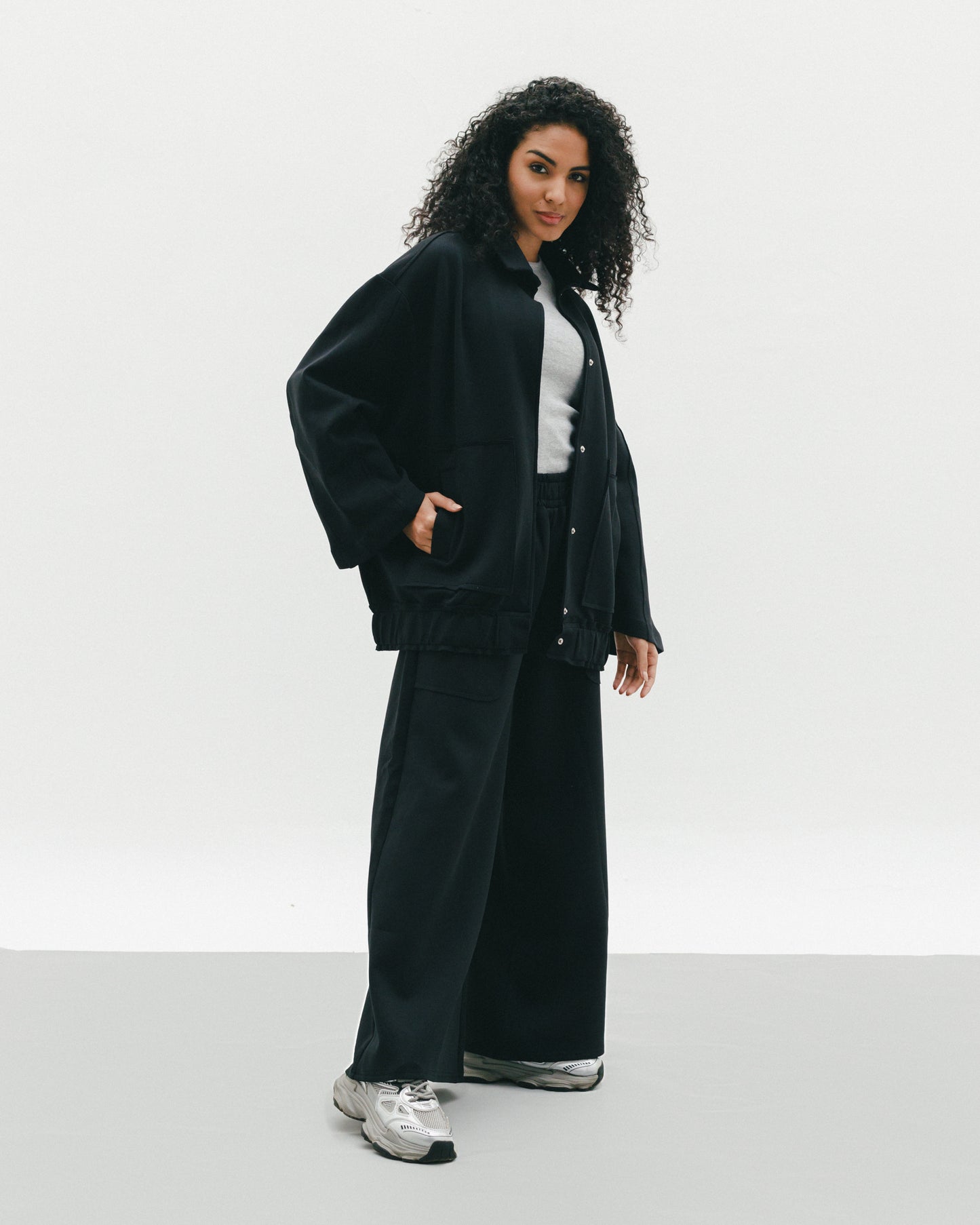 Modal set with oversize jacket with buttons and wide leg pants in black