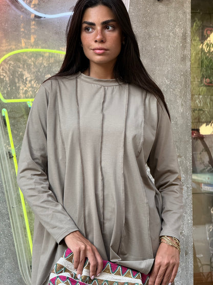 Striped long top in green beige