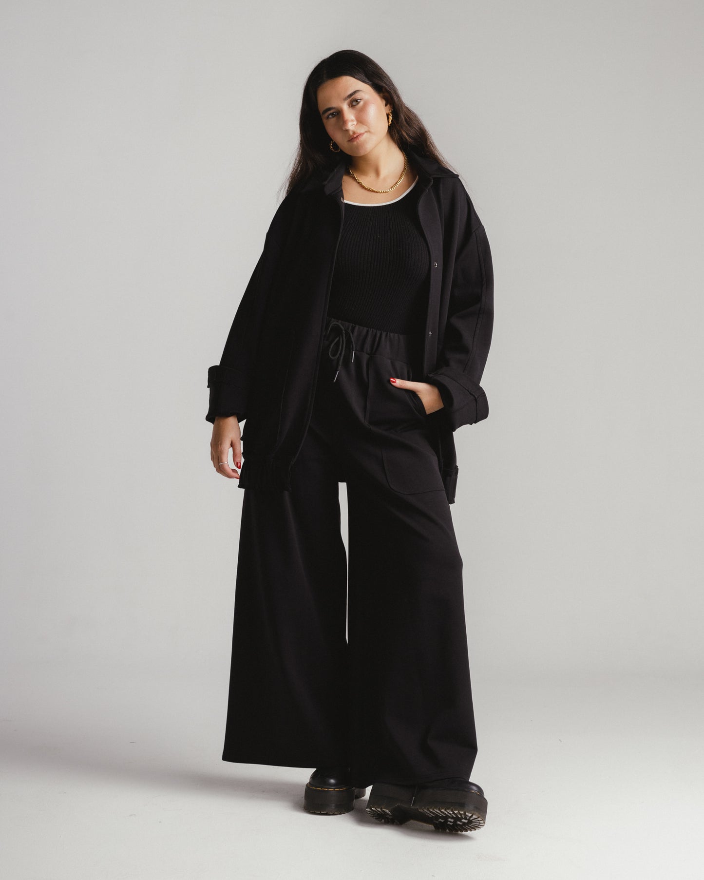 Modal set with oversize jacket with buttons and wide leg pants in black