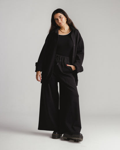 Modal set with oversize jacket with buttons and wide leg pants in black