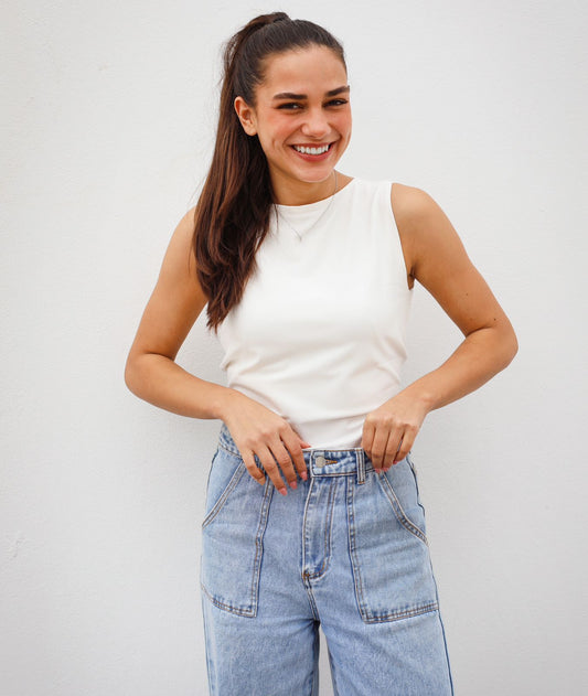 White Elastic Sleeveless Top