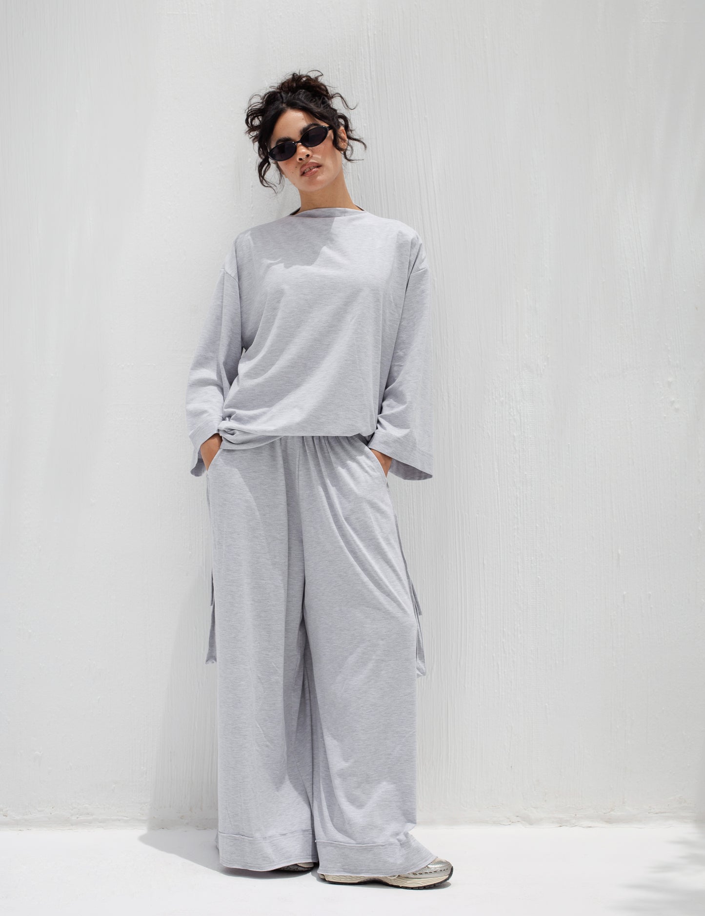 Oversized Baggy Cotton Two-Piece Set in Light Grey