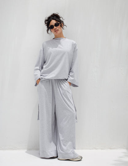 Oversized Baggy Cotton Two-Piece Set in Light Grey