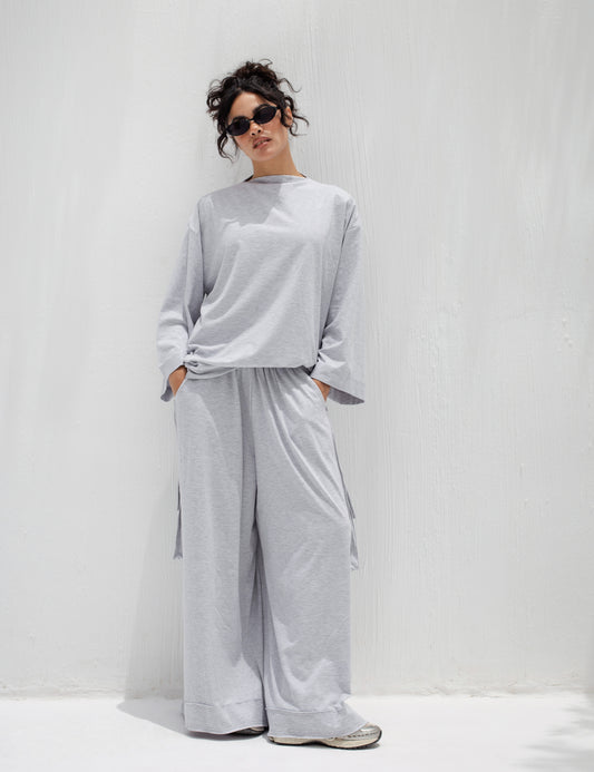 Oversized Baggy Cotton Two-Piece Set in Light Grey
