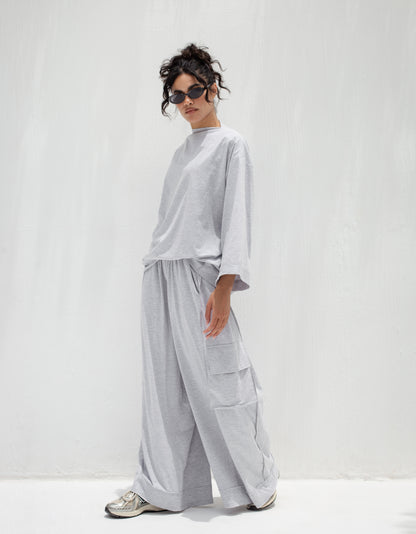 Oversized Baggy Cotton Two-Piece Set in Light Grey