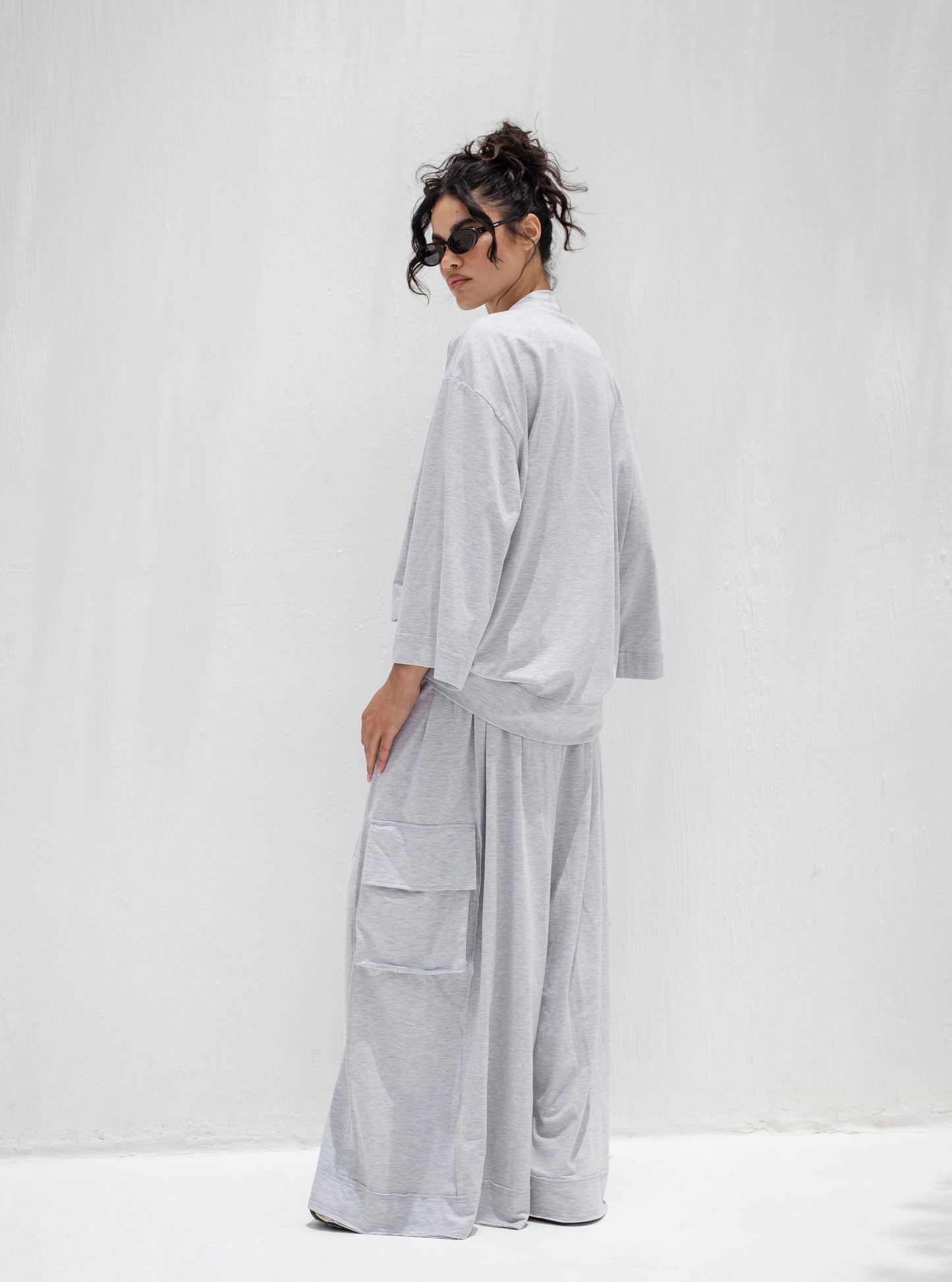 Oversized Baggy Cotton Two-Piece Set in Light Grey