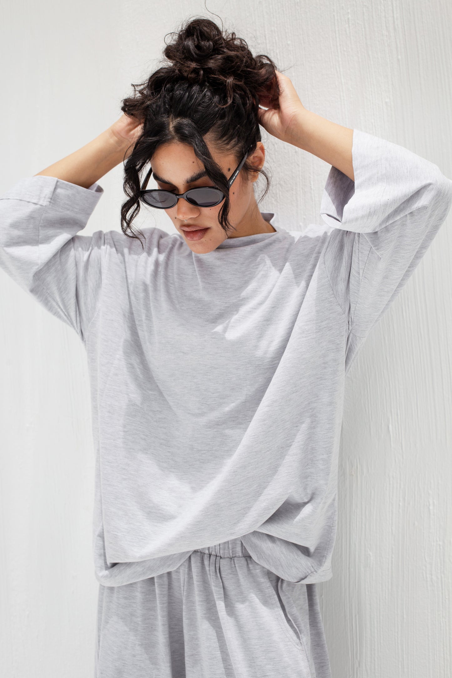 Oversized Baggy Cotton Two-Piece Set in Light Grey